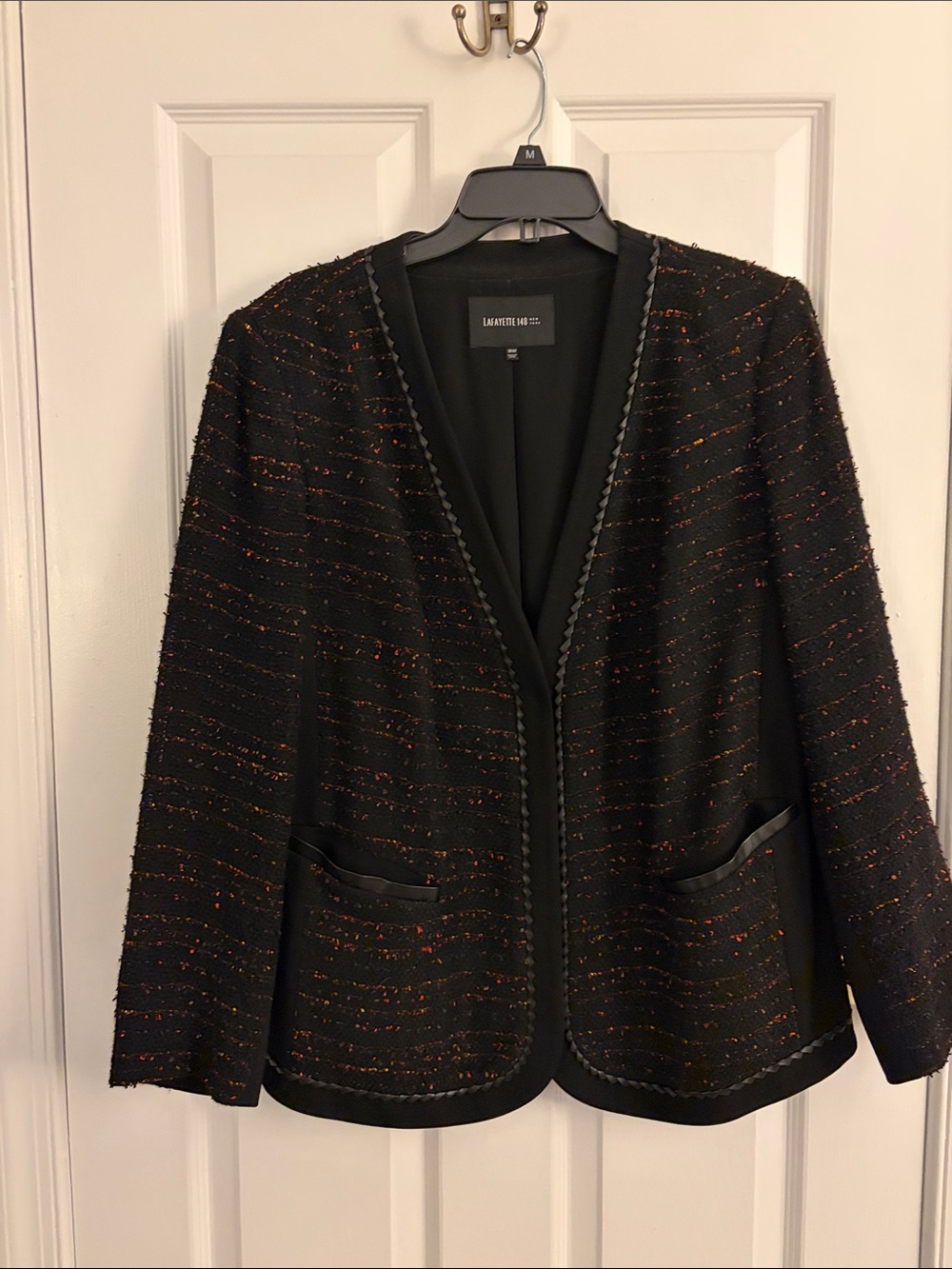 Lafayette 148 Black Tweed Open Front Jacket with Color Thread and leather detail